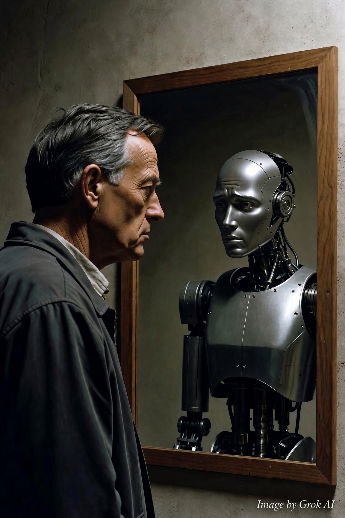 A grey-haired man in profile faces a mirror in which his reflection is a pensive humanoid robot.