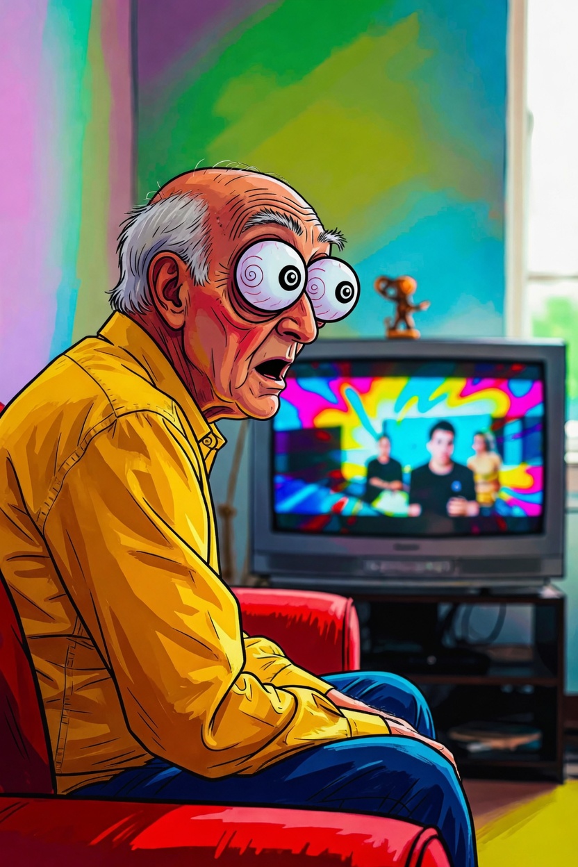 A cartoon older man with silly eyes