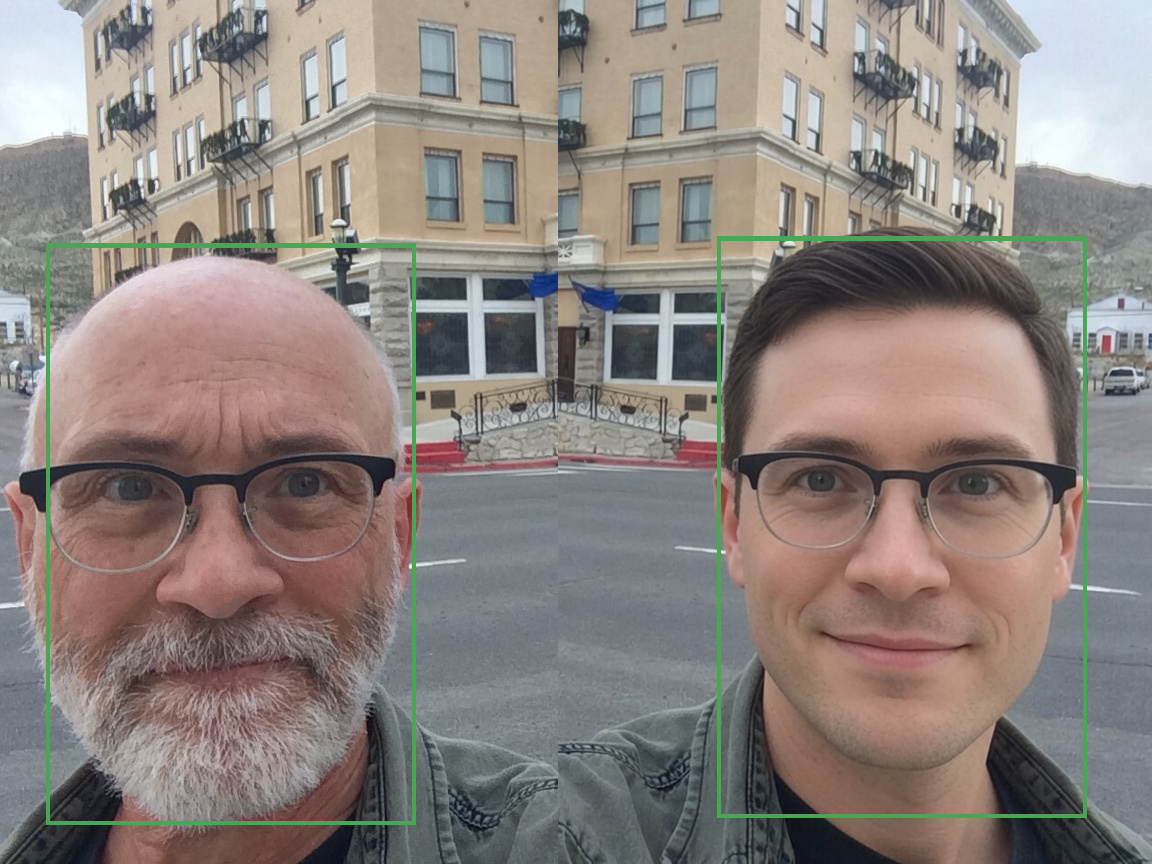 Two selfies of the same man, older at left and an AI-generated younger version at right, each face in a green detection box.